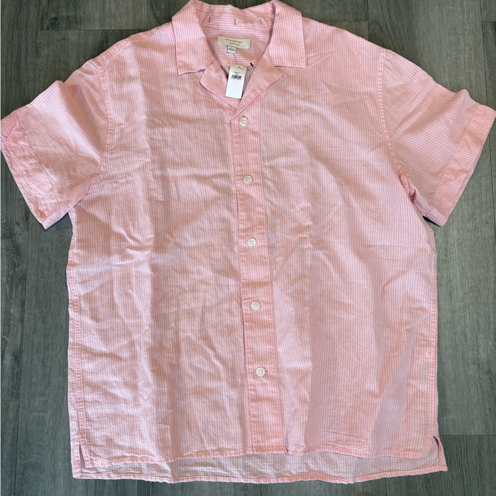 NWT STANDARD-FIT LINEN-BLEND RESORT SHIRT Banana Republic Factory Pink Striped